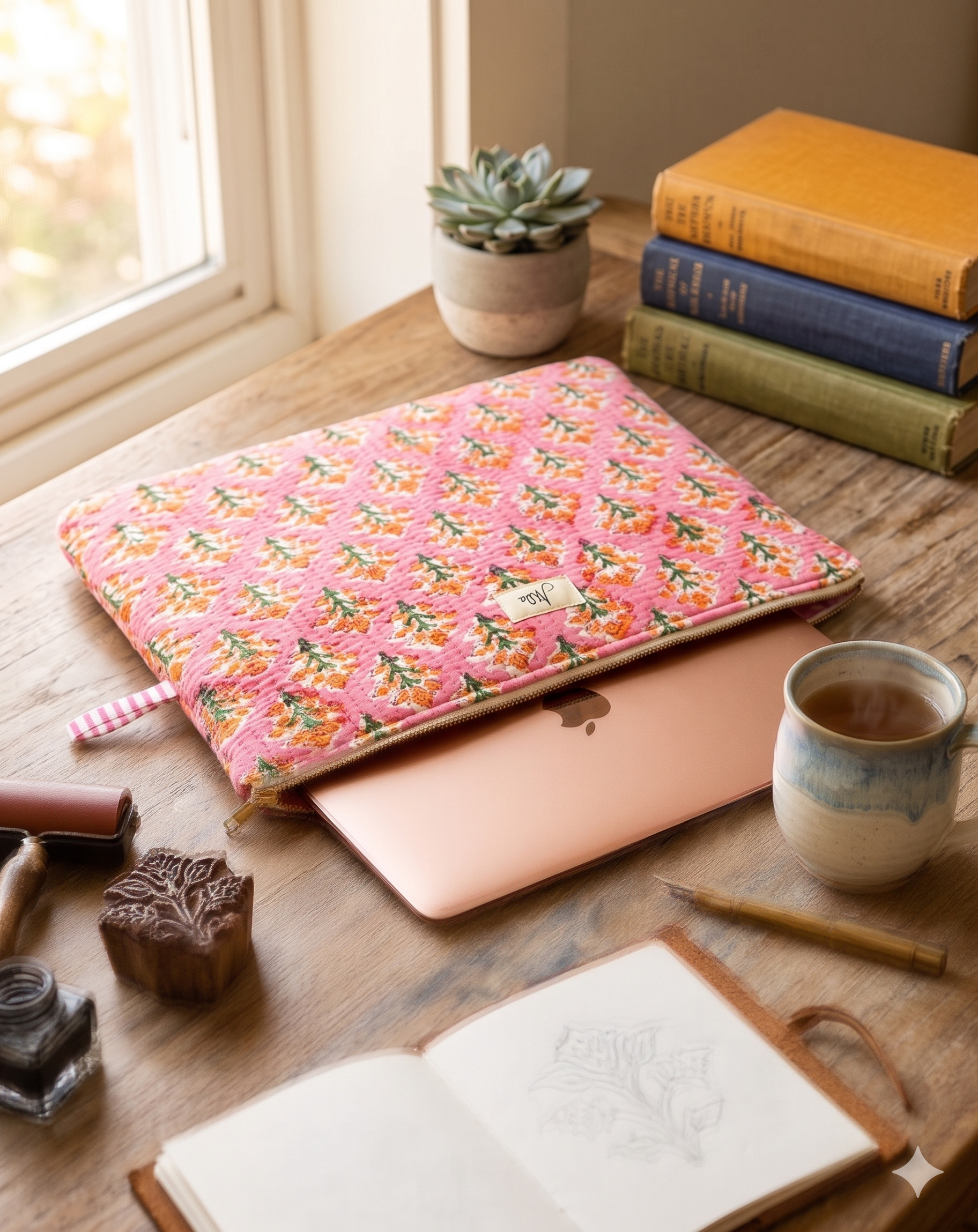 A peachy-pink block-print floral quilted laptop case on a wooden desk with books, a mug, and stationery items.
