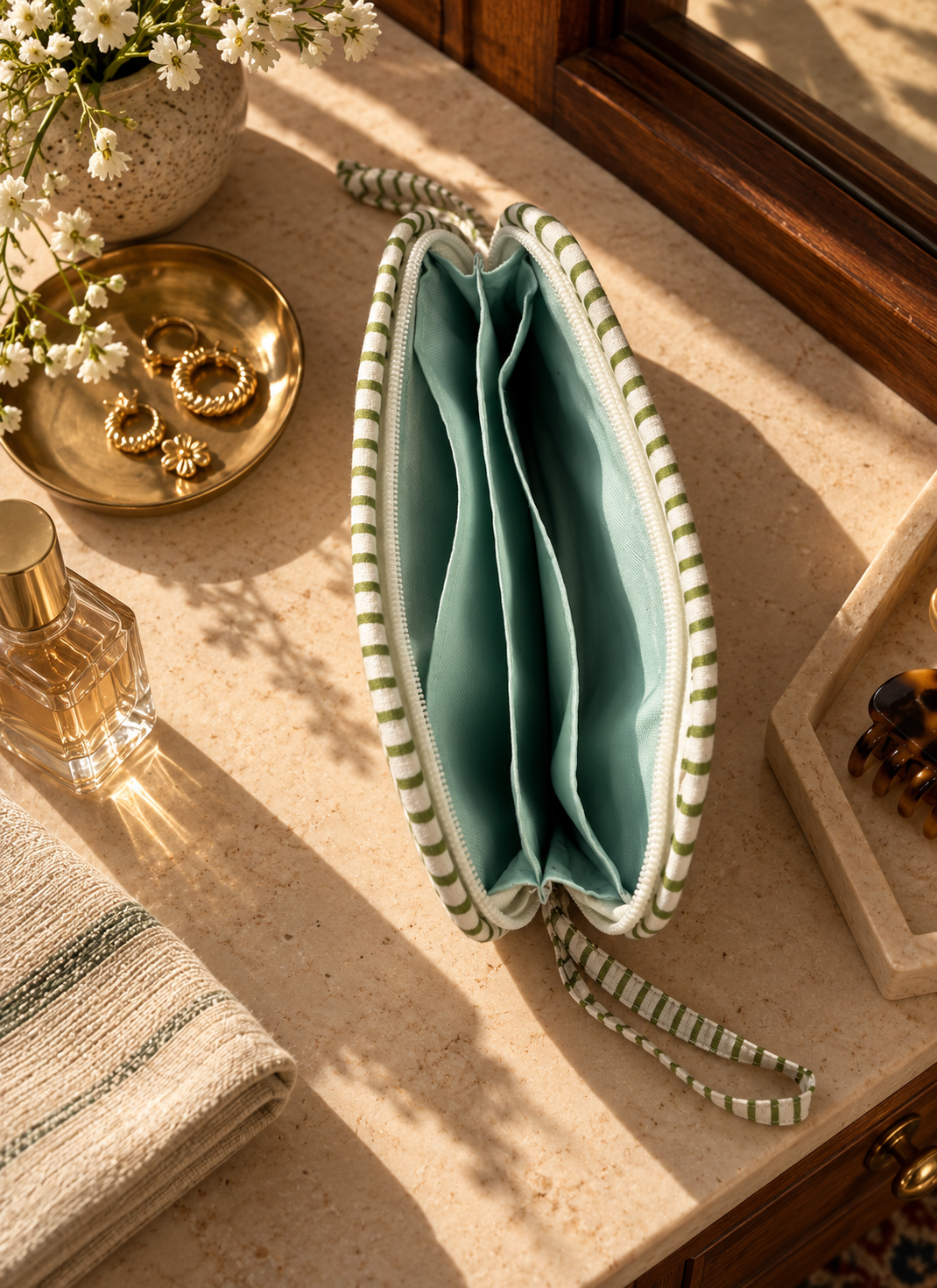 A teal green & white stripe pattern quilted wallet with a waterproof interior with sections lying on a table with other make up and fashion accessories. 
